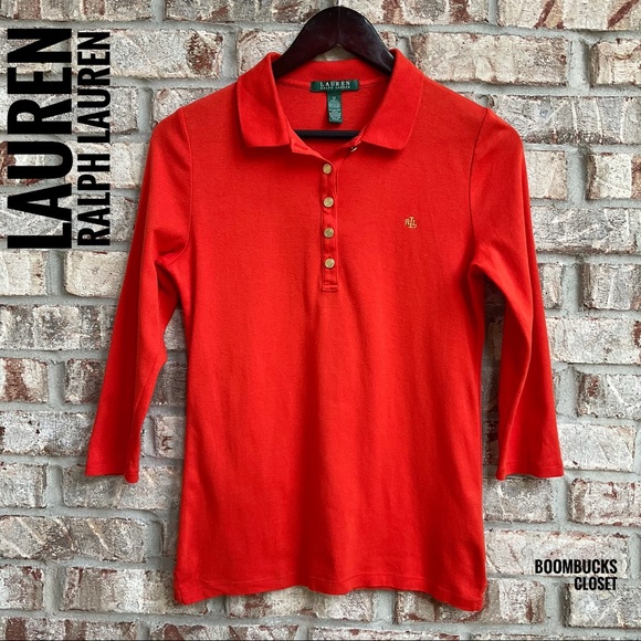 Lauren Ralph Lauren Red Orange 3/4 sleeve Polo Shirt - Picture 12 of 13